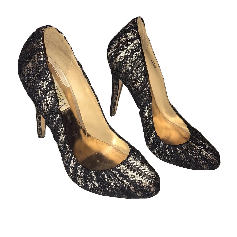 Badgley Mischka Brynn Pumps Heels Black Lace Champagne Satin Wrapped Heel 7 M